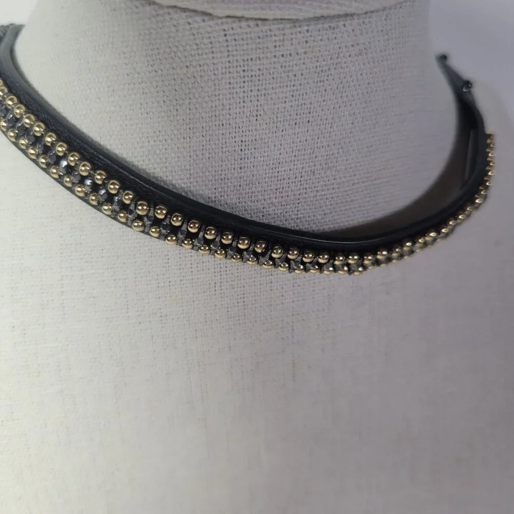 Stella & Dot Black Adjustable Faux Leather Gold Beaded Choker Necklace